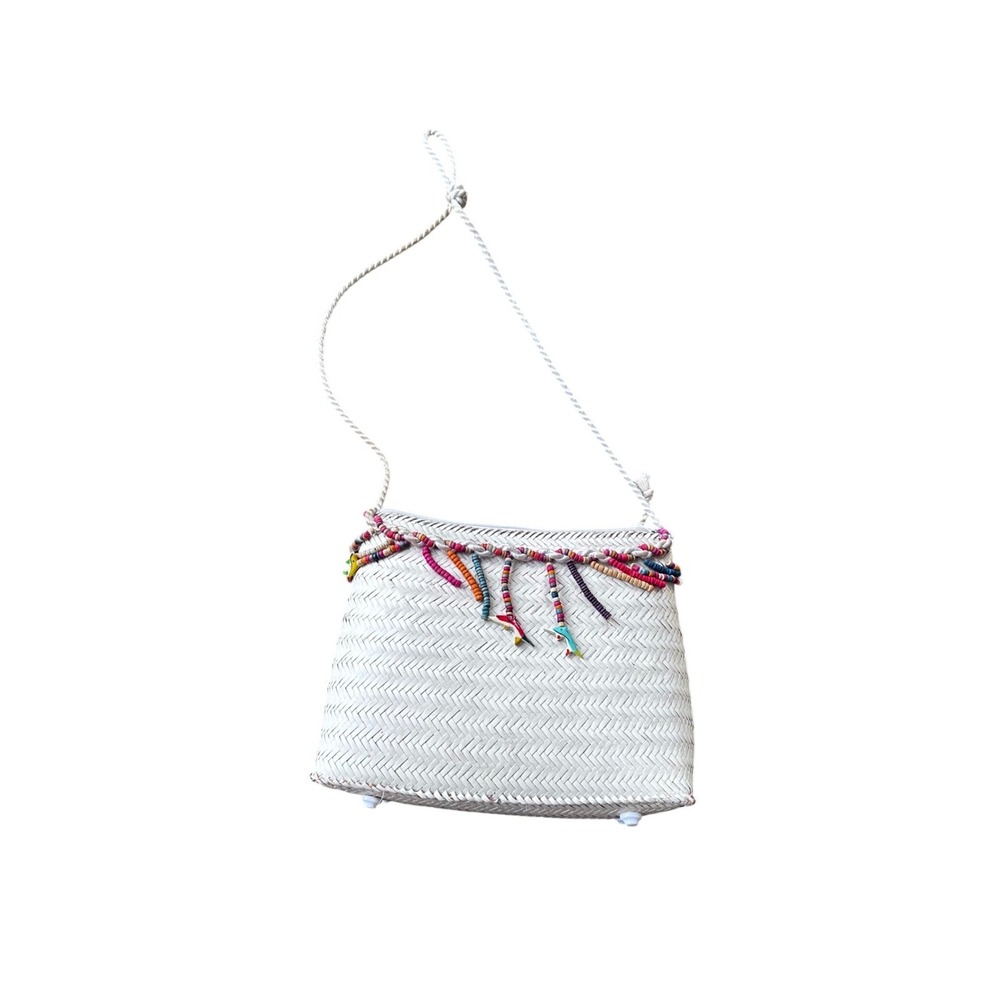 Boho Woven Straw Crossbody Bag Cream Beaded Fringe Fish Charm Summer Beach Purse